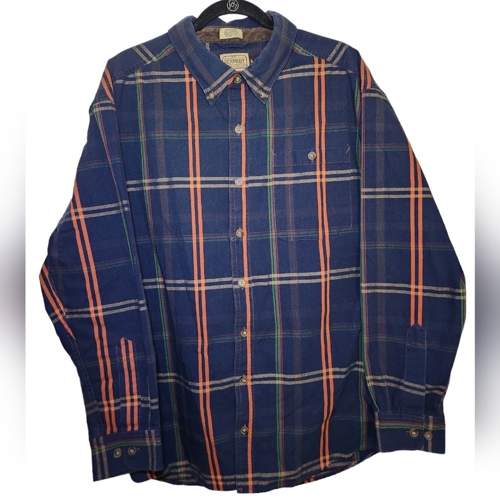 C.E Schmidt Plaid Button Up Long Sleeve Blue Brown Collar Workwear Menswear